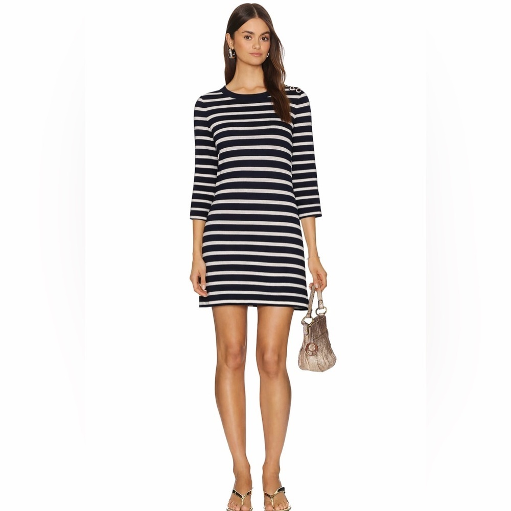 Theory Lemdrella Prosecco Navy Stripe Button Shoulder Knit Dress Size XS